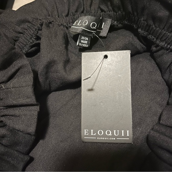 Eloquii Linen Black Dress Button Front Long Sleeves Round Neck Ruffle Hem Midi - Picture 9 of 10